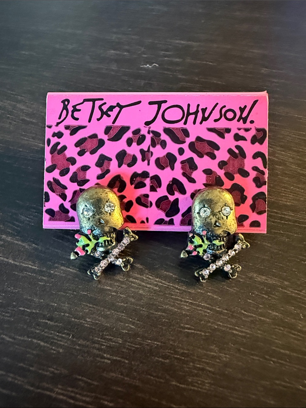 Betsey Johnson Gold Skull Stud Earrings with Pink & Green Accents